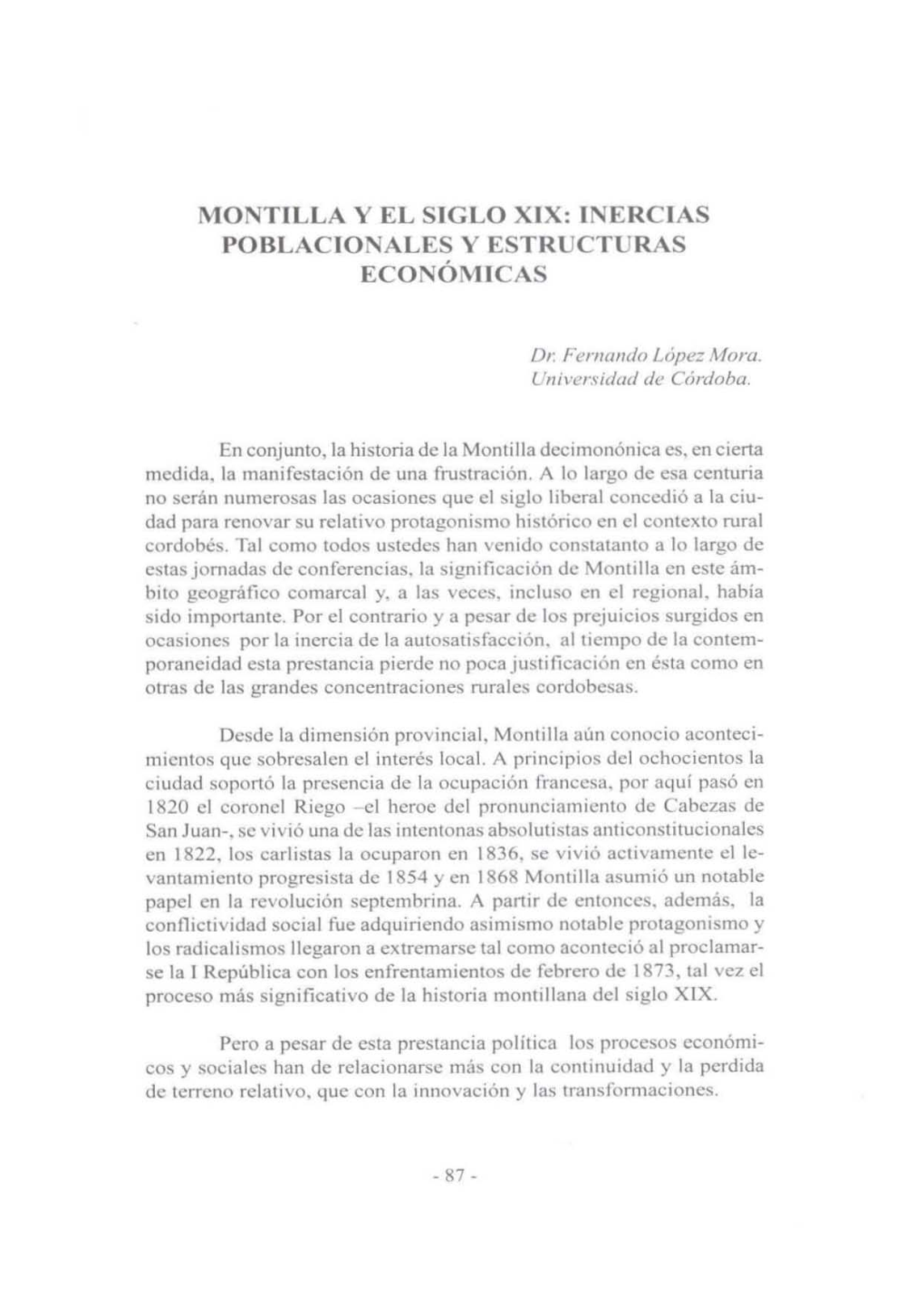 Montilla Y El Siglo Xix: Inercias Poblacionales Y Estructuras Económicas