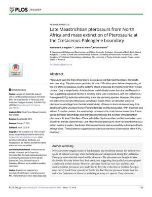 Late Maastrichtian Pterosaurs from North Africa and Mass Extinction of Pterosauria at the Cretaceous-Paleogene Boundary