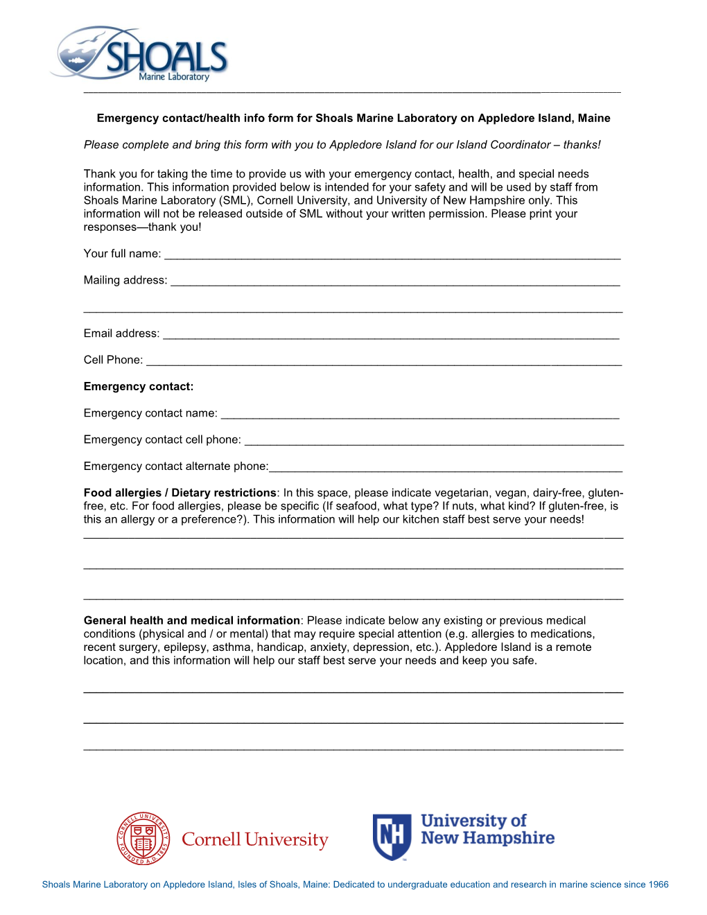 Emergency Contact/Health Info Form for Shoals Marine Laboratory on Appledore Island, Maine