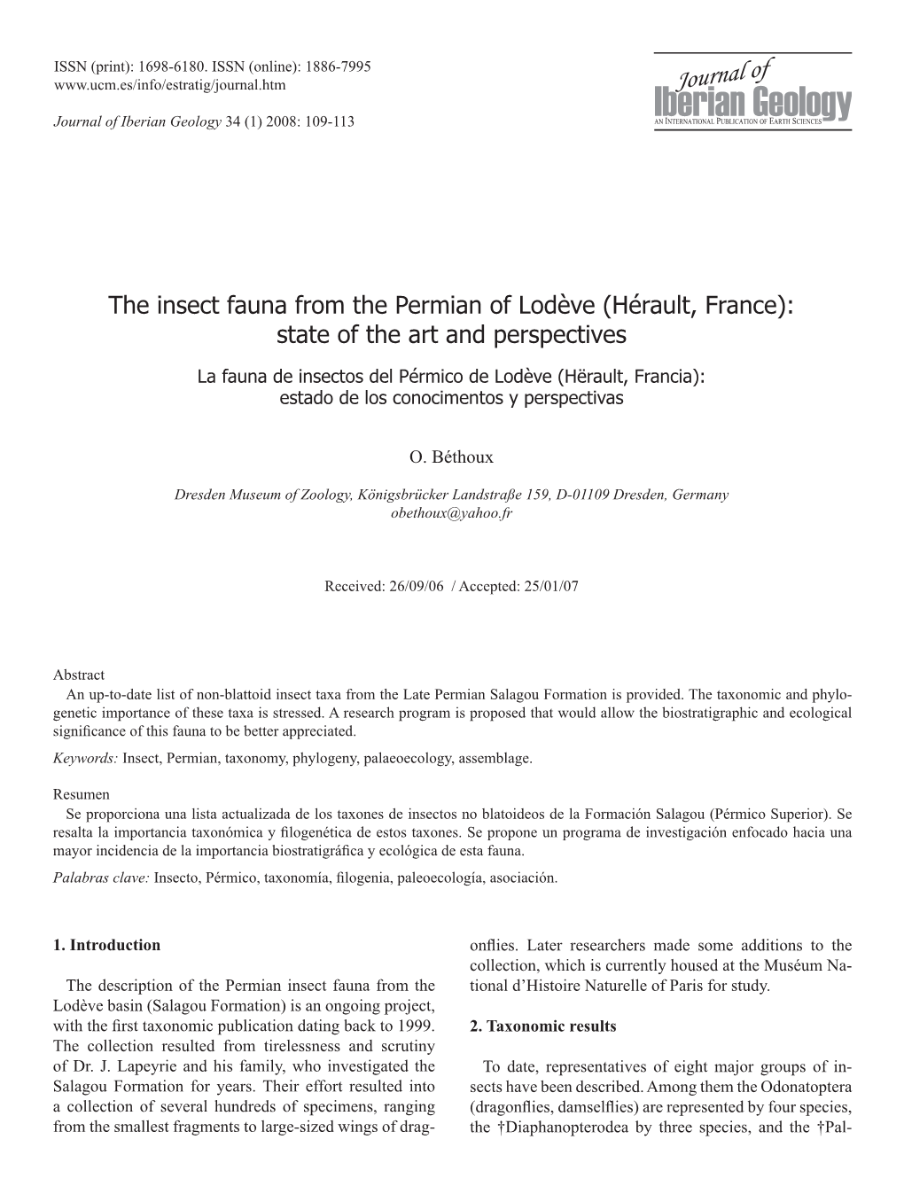 Libro 34(1).Indb 109 19/12/2007 20:39:07 110 Bethoux / Journal of Iberian Geology 34 (1) 2008: 109-113