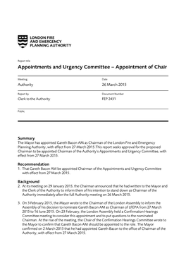 Report Title Appointments and Urgency Committee – Appointment of Chair