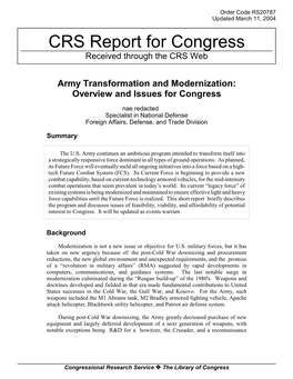 Army Transformation and Modernization: Overview and Issues for Congress