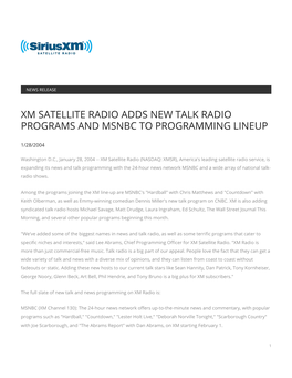 Xm Satellite Radio Adds New Talk Radio Programs and Msnbc to Programming Lineup