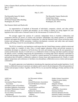 Letter to Senator Inhofe and Senator Duckworth Re National Center for the Advancement of Aviation May 21, 2021 Page 1