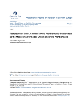 Patriarchate As the Macedonian Orthodox Church and Ohrid Archbishopric