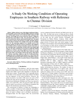 A Study on Working Condition of Operating Employees in Southern Railway with Reference to Chennai Division