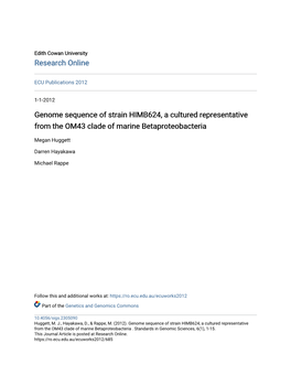 Genome Sequence of Strain HIMB624, a Cultured Representative from the OM43 Clade of Marine Betaproteobacteria