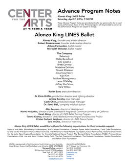 Advance Program Notes Alonzo King LINES Ballet Saturday, April 2, 2016, 7:30 PM