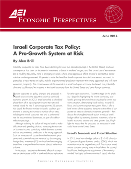 Israeli Corporate Tax Policy: a Pro-Growth System at Risk