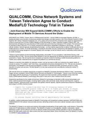 QUALCOMM, China Network Systems and Taiwan Television Agree to Conduct Mediaflo Technology Trial in Taiwan