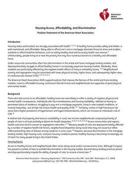 Housing Access, Affordability, and Discrimination Position Statement of the American Heart Association