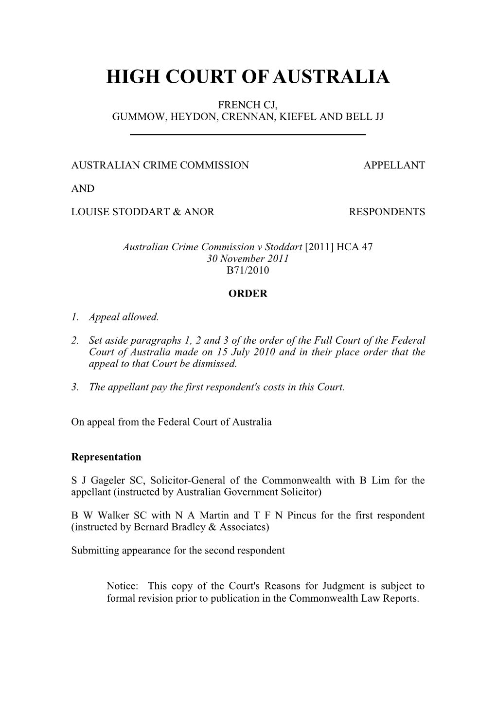 Australian Crime Commission V Stoddart (B71