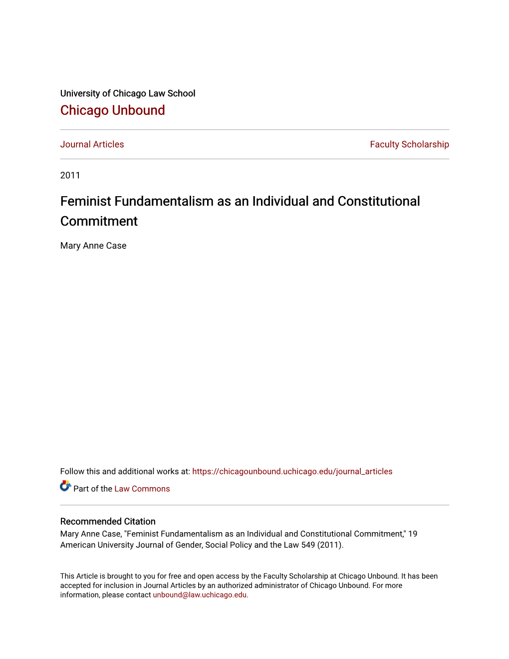 Feminist Fundamentalism As an Individual and Constitutional Commitment