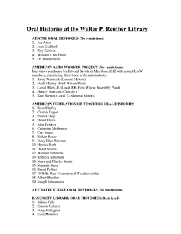 Oral Histories at the Walter P. Reuther Library