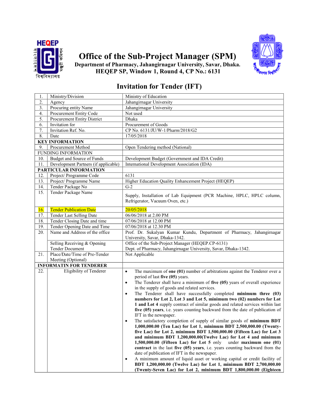 Office of the Sub-Project Manager (SPM) Department of Pharmacy, Jahangirnagar University, Savar, Dhaka