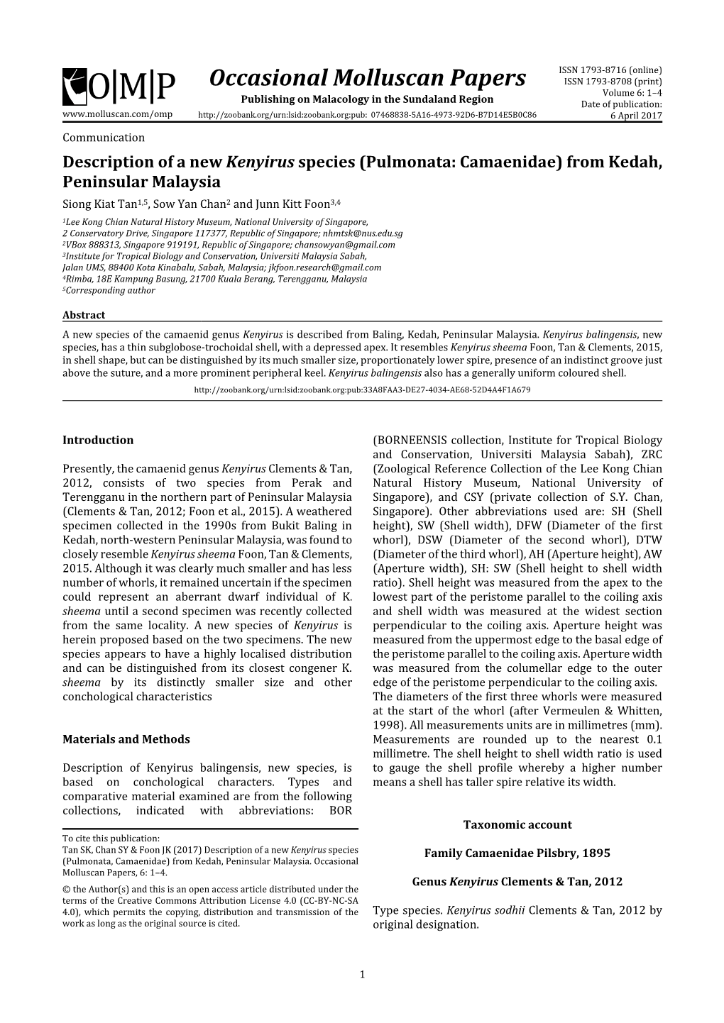 Occasional Molluscan Papers ISSN 1793‐8716 (Online)