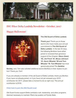 FSU Pikes Delta Lambda Newsletter October, 2017 Happy Halloween!