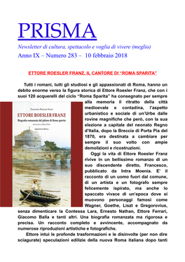 PRISMA Newsletter Di Cultura, Spettacolo E Voglia Di Vivere (Meglio) Anno IX – Numero 283 – 10 Febbraio 2018