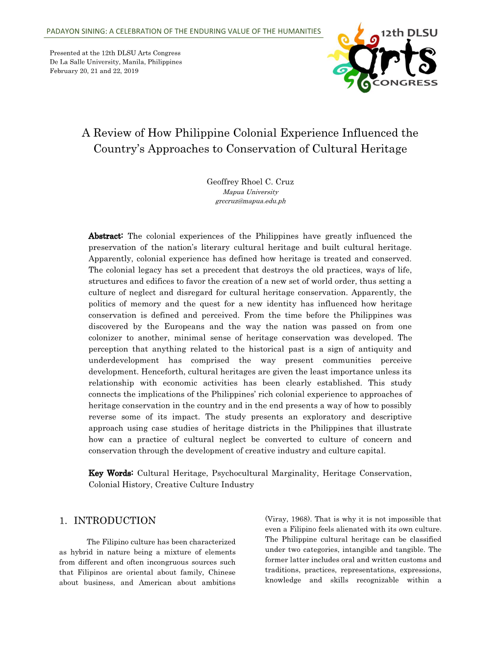 A Review of How Philippine Colonial Experience Influenced the Country’S Approaches to Conservation of Cultural Heritage