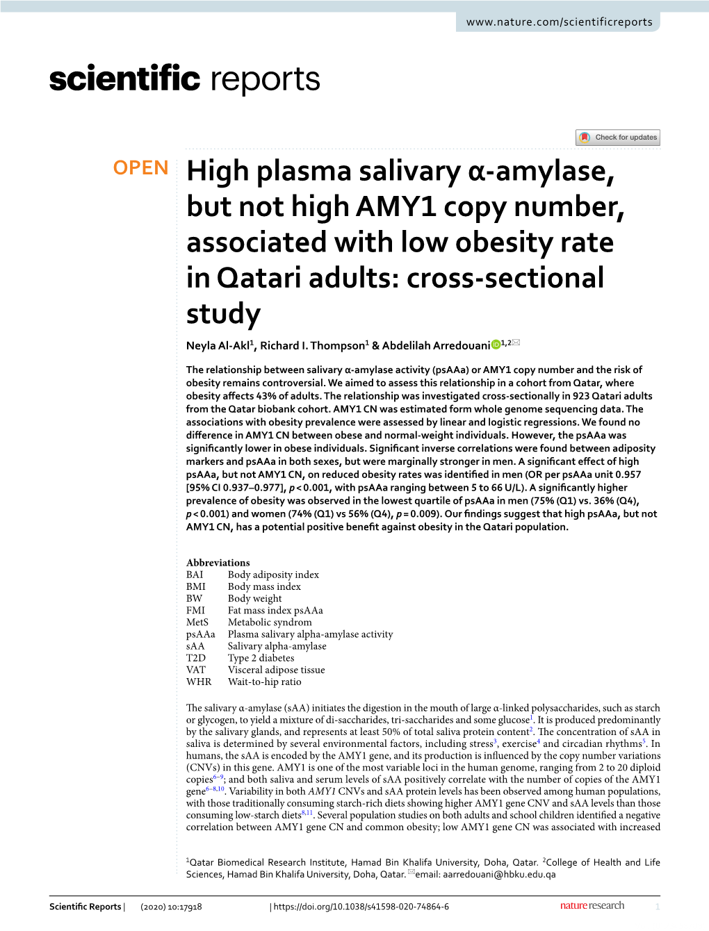 High Plasma Salivary Α-Amylase, but Not High AMY1 Copy