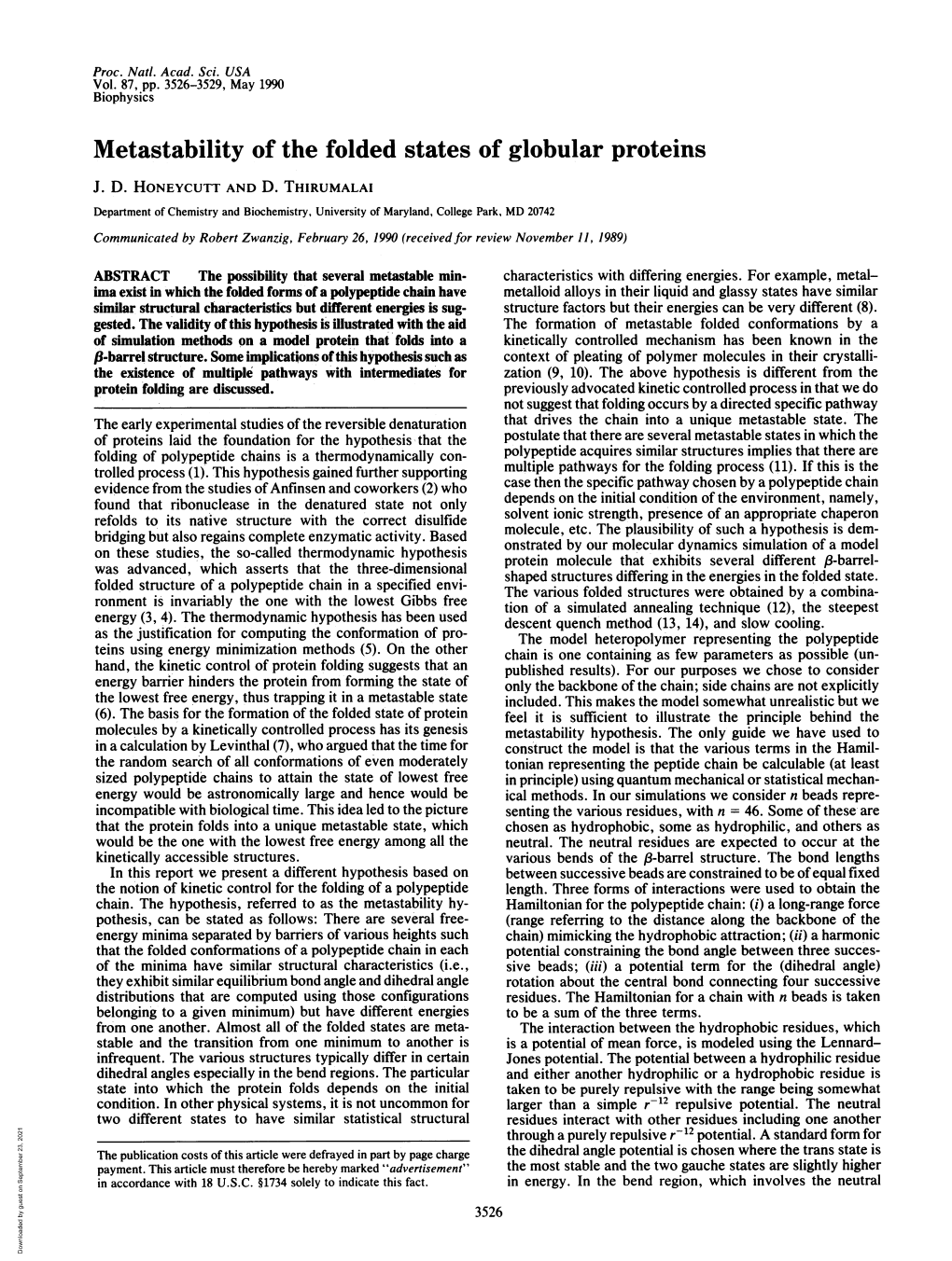 Metastability of the Folded States of Globular Proteins J