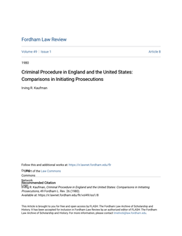 Criminal Procedure in England and the United States: Comparisons in Initiating Prosecutions
