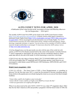 ALPO COMET NEWS for APRIL 2020 a Publication of the Comet Section of the Association of Lunar and Planetary Observers by Carl Hergenrother - 2020-April-1