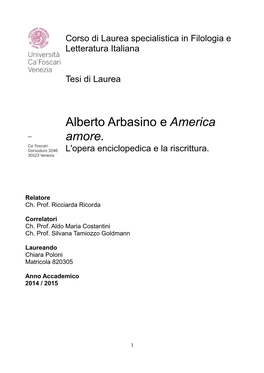 Alberto Arbasino E America Amore. L'opera Enciclopedica E La Riscrittura