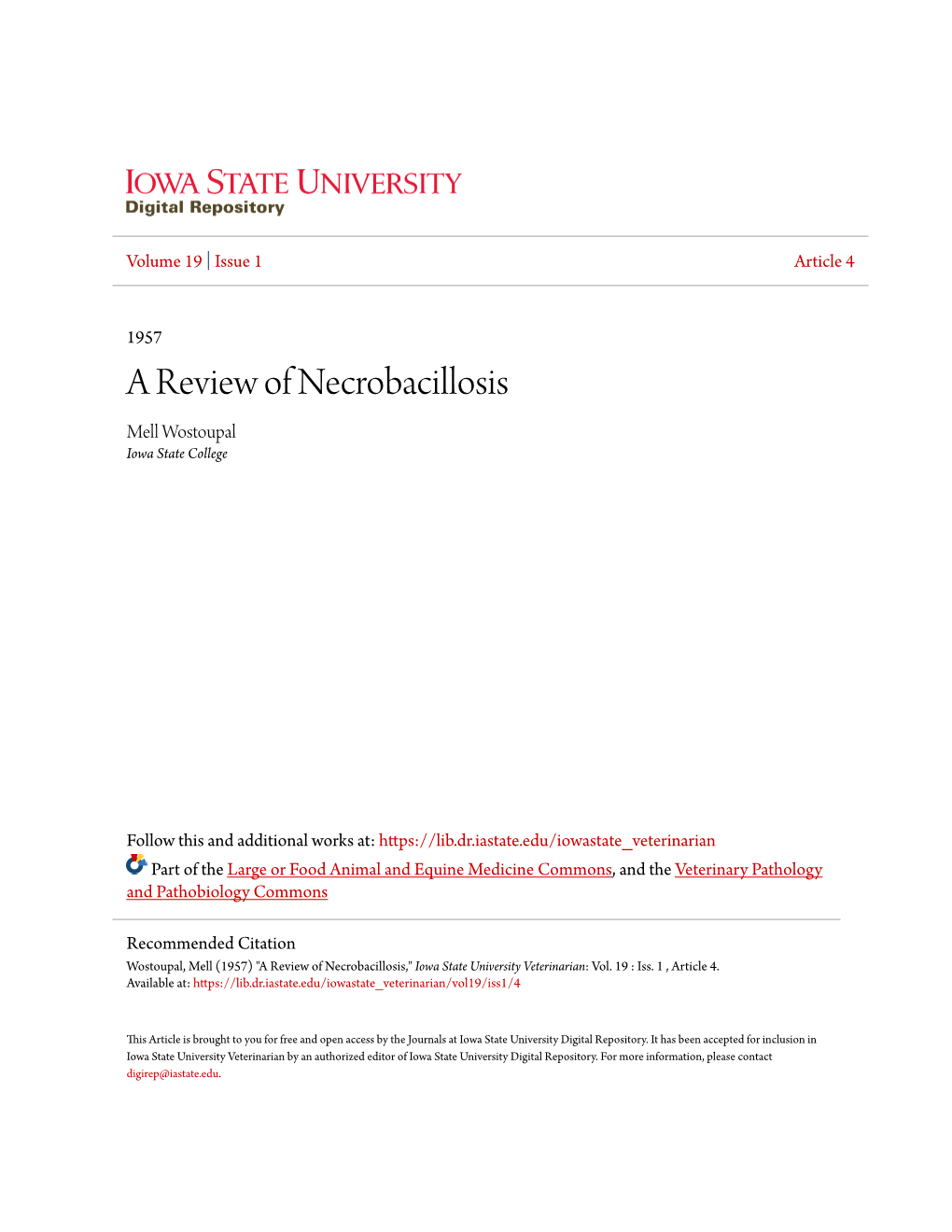 A Review of Necrobacillosis Mell Wostoupal Iowa State College