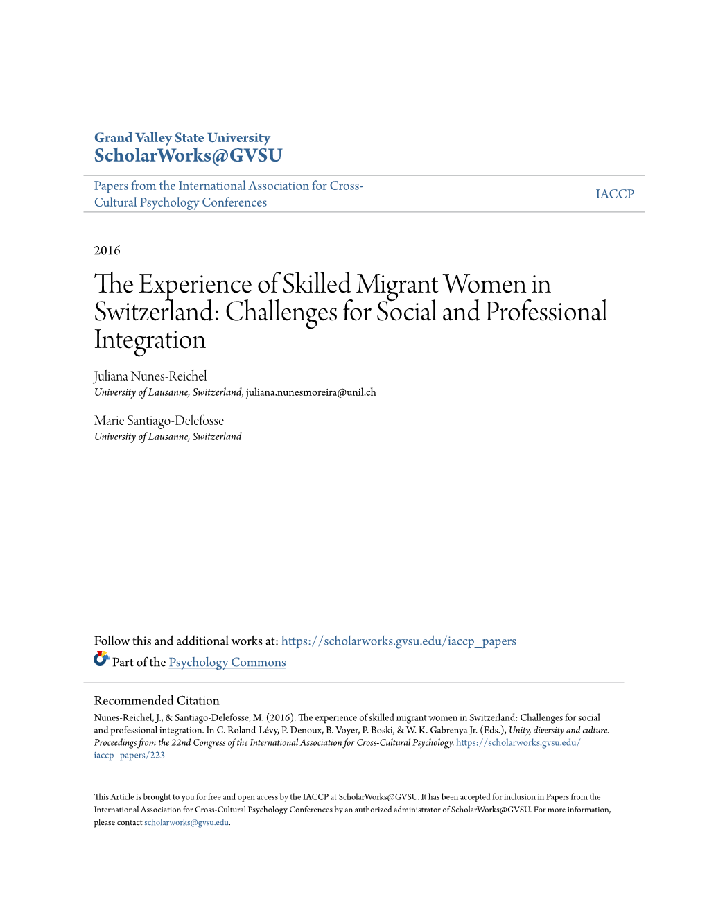 The Experience of Skilled Migrant Women in Switzerland: Challenges