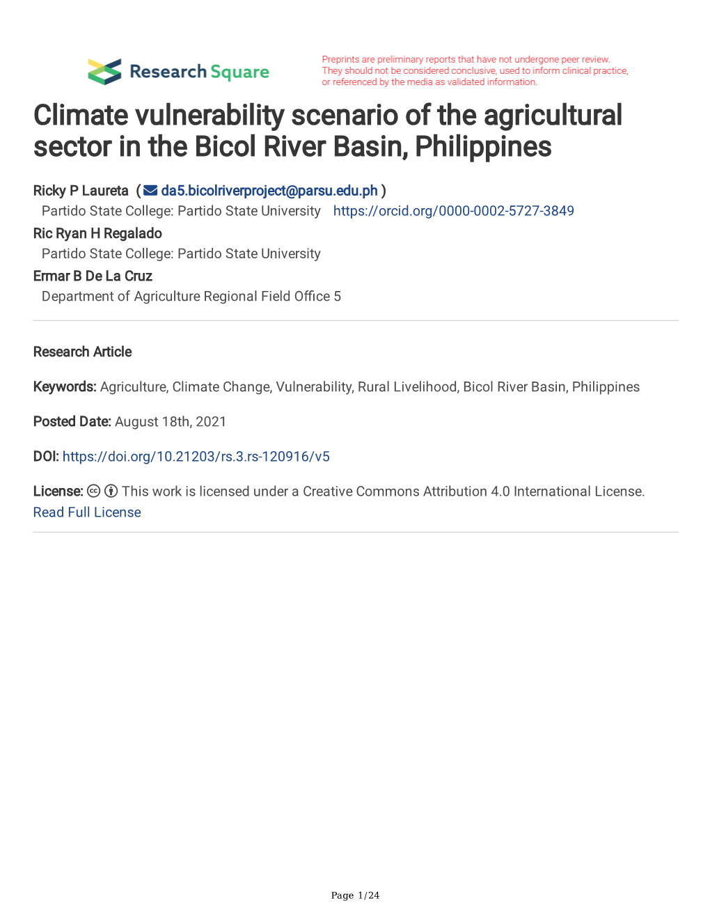 Climate Vulnerability Scenario of the Agricultural Sector in the Bicol River Basin, Philippines