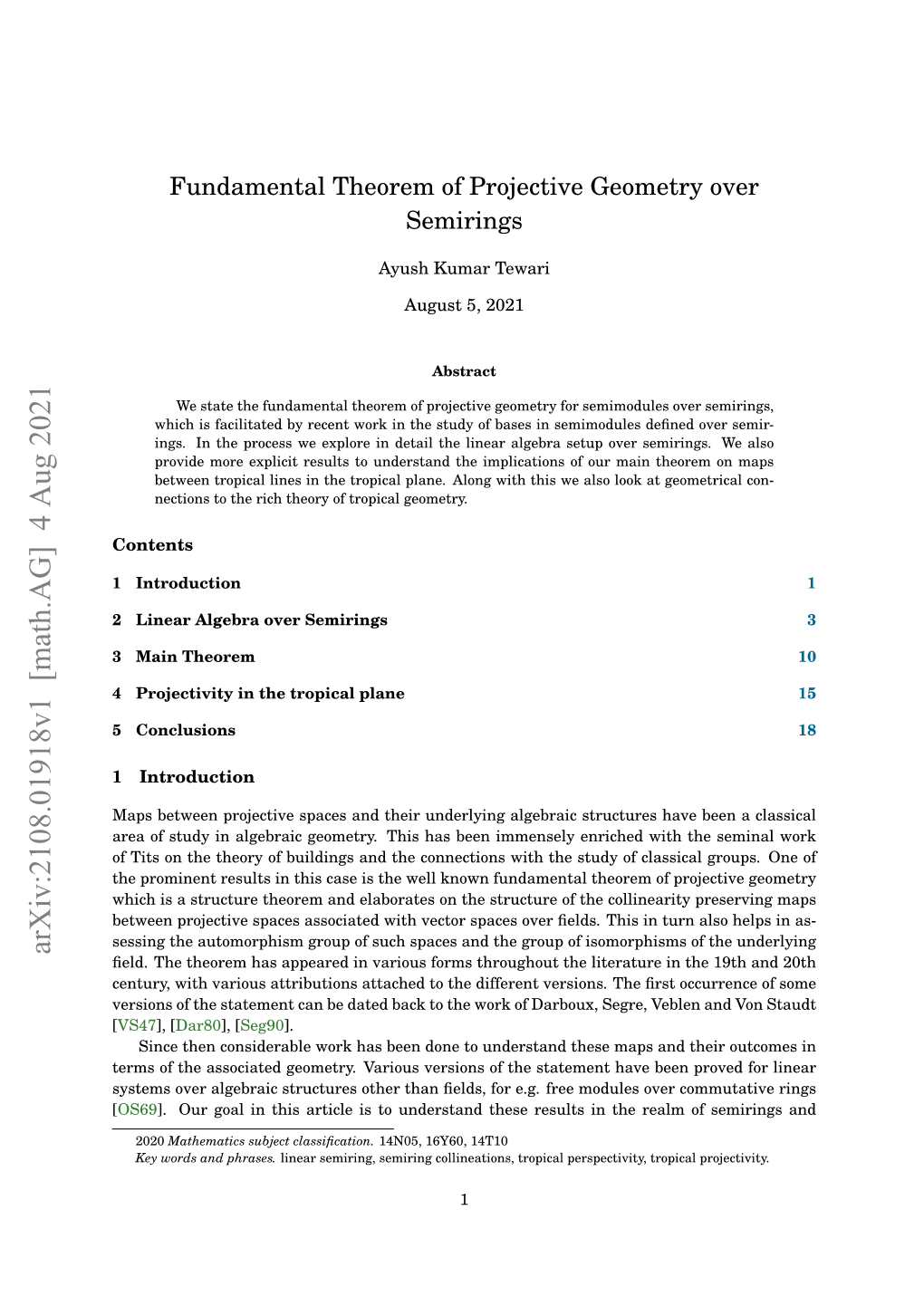 Fundamental Theorem of Projective Geometry Over Semirings