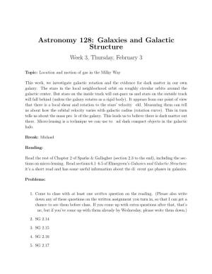 Astronomy 128: Galaxies and Galactic Structure Week 3, Thursday, February 3