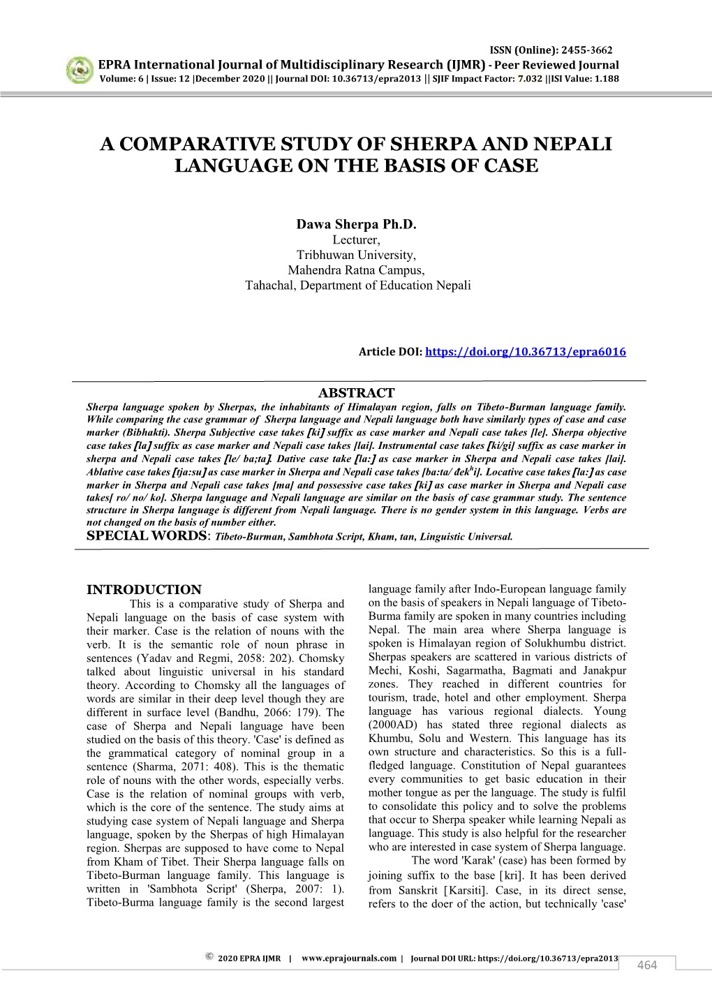 A Comparative Study of Sherpa and Nepali Language on the Basis of Case