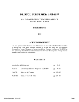 Bristol Burgesses: 1525-1557