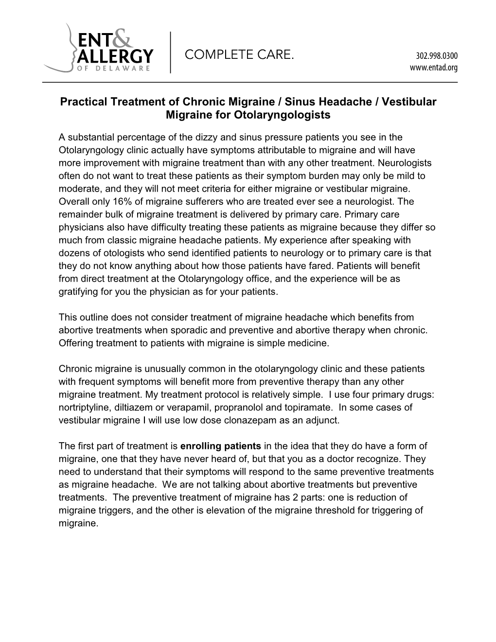 Practical Treatment of Chronic Migraine / Sinus Headache / Vestibular Migraine for Otolaryngologists