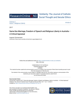 Same-Sex Marriage, Freedom of Speech and Religious Liberty in Australia – a Critical Appraisal