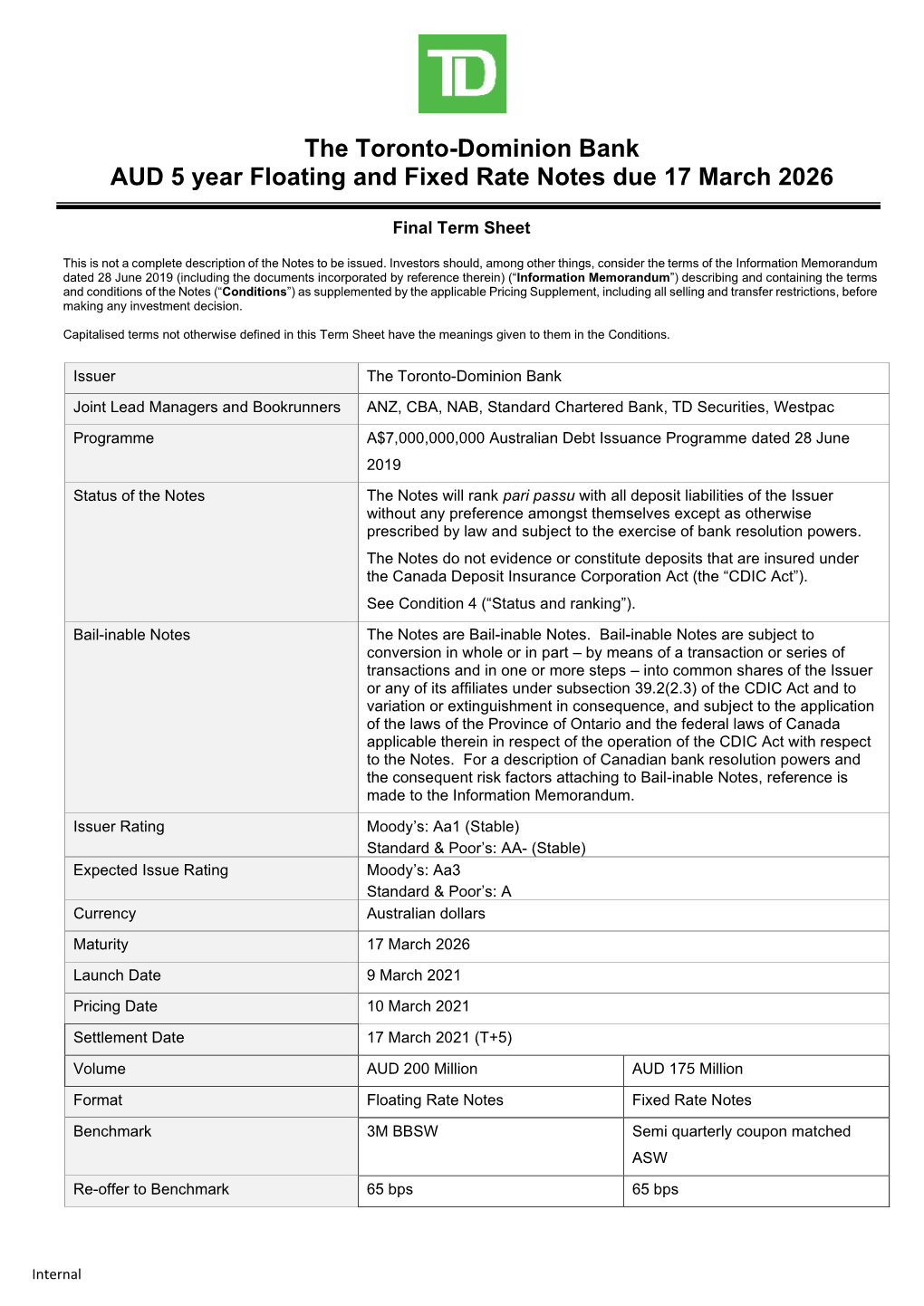 The Toronto-Dominion Bank AUD 5 Year Floating and Fixed Rate Notes Due 17 March 2026