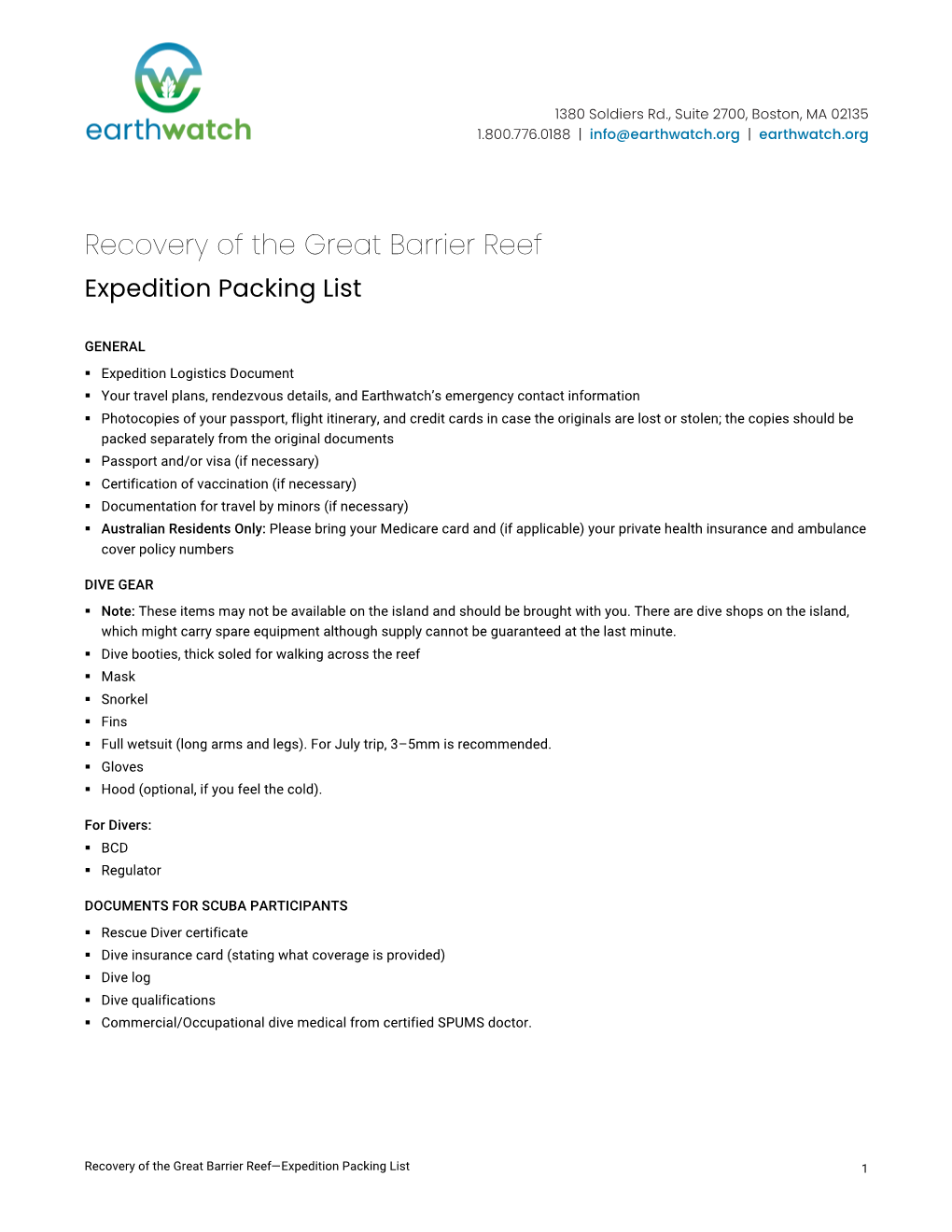 Recovery of the Great Barrier Reef Expedition Packing List