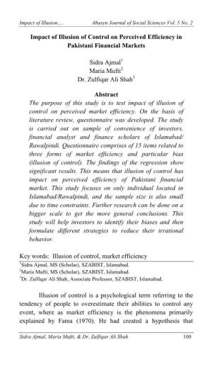 Impact of Illusion of Control on Perceived Efficiency in Pakistani Financial Markets