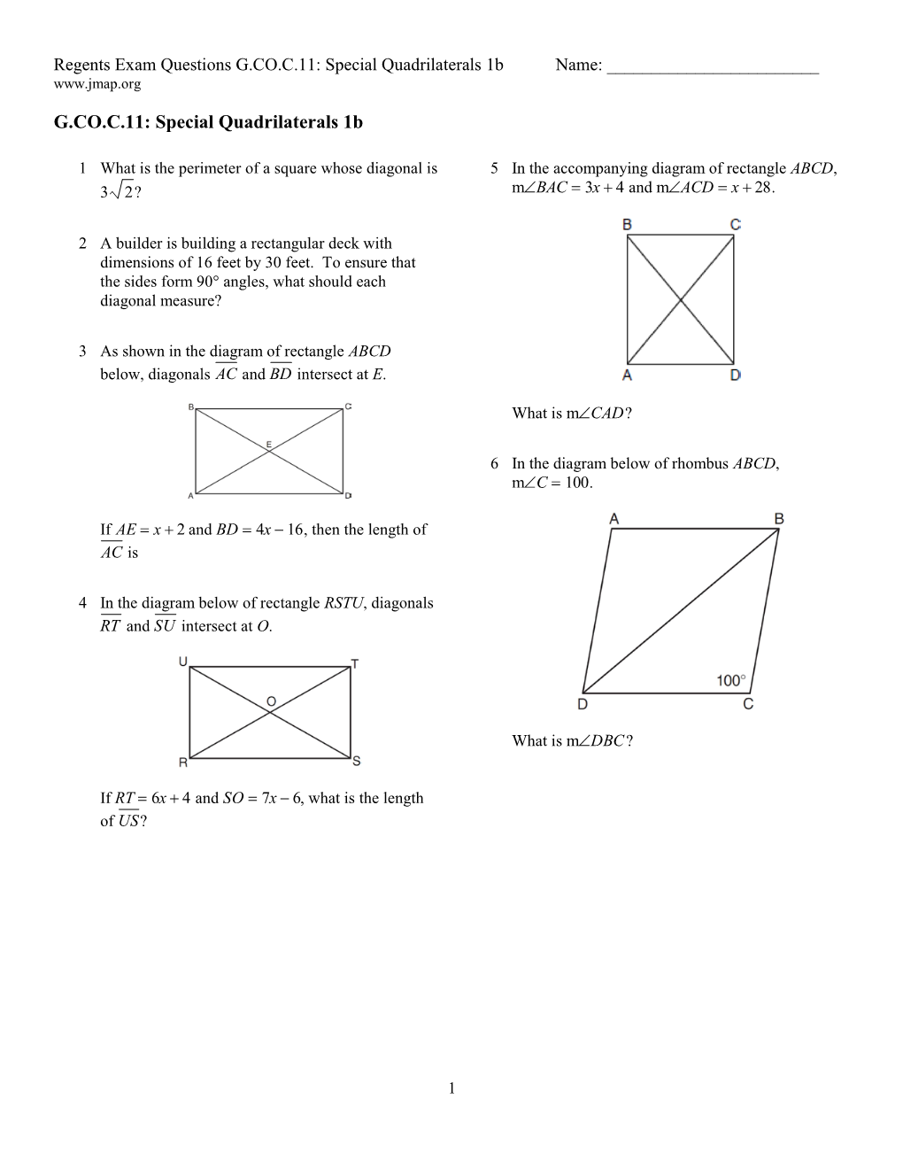 Special Quadrilaterals 1B Name: ______