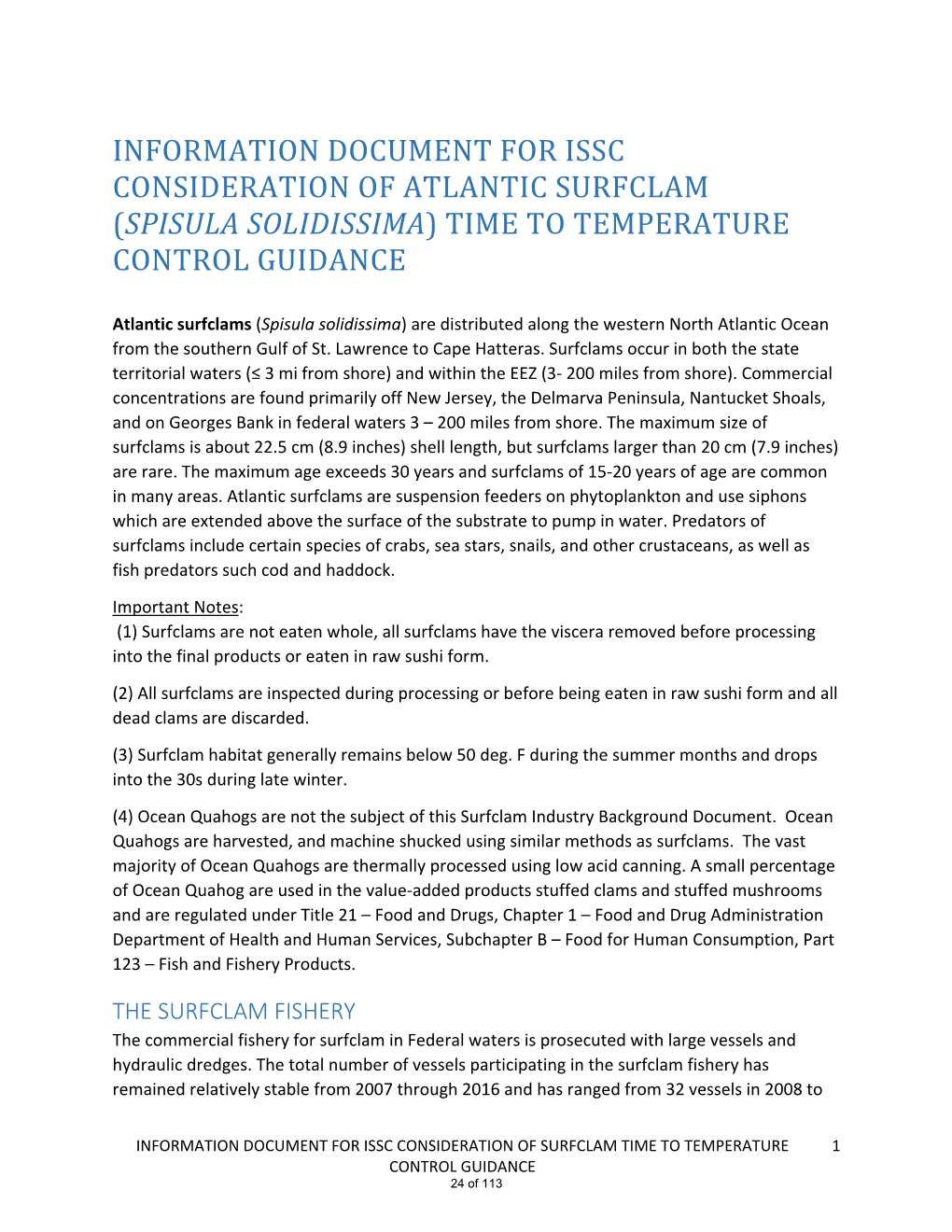 Information Document for Issc Consideration of Atlantic Surfclam (Spisula Solidissima) Time to Temperature Control Guidance