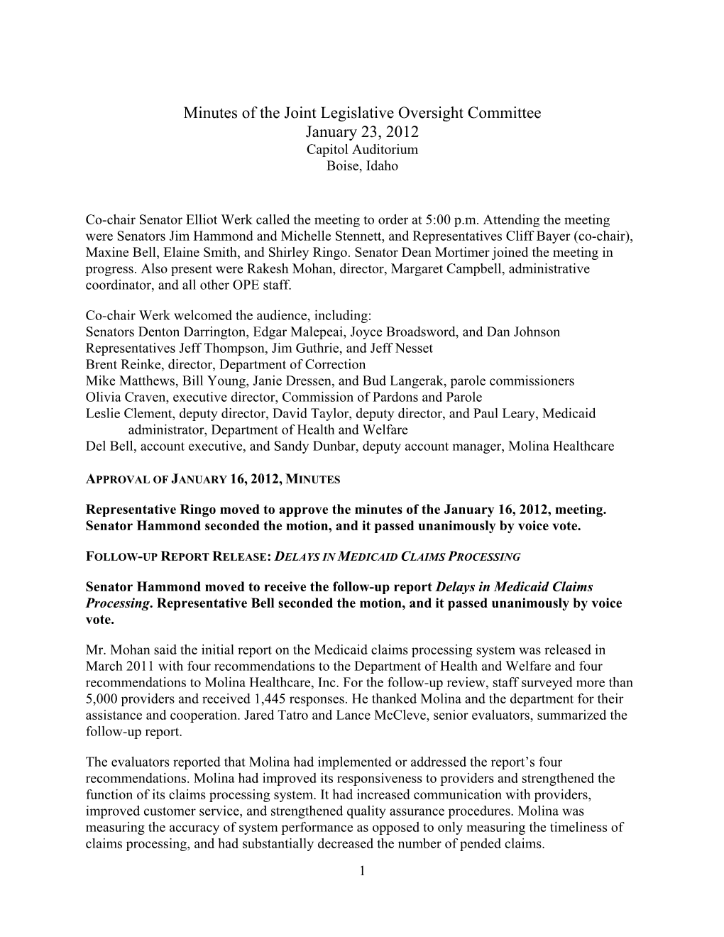 Minutes of the Joint Legislative Oversight Committee, January 23