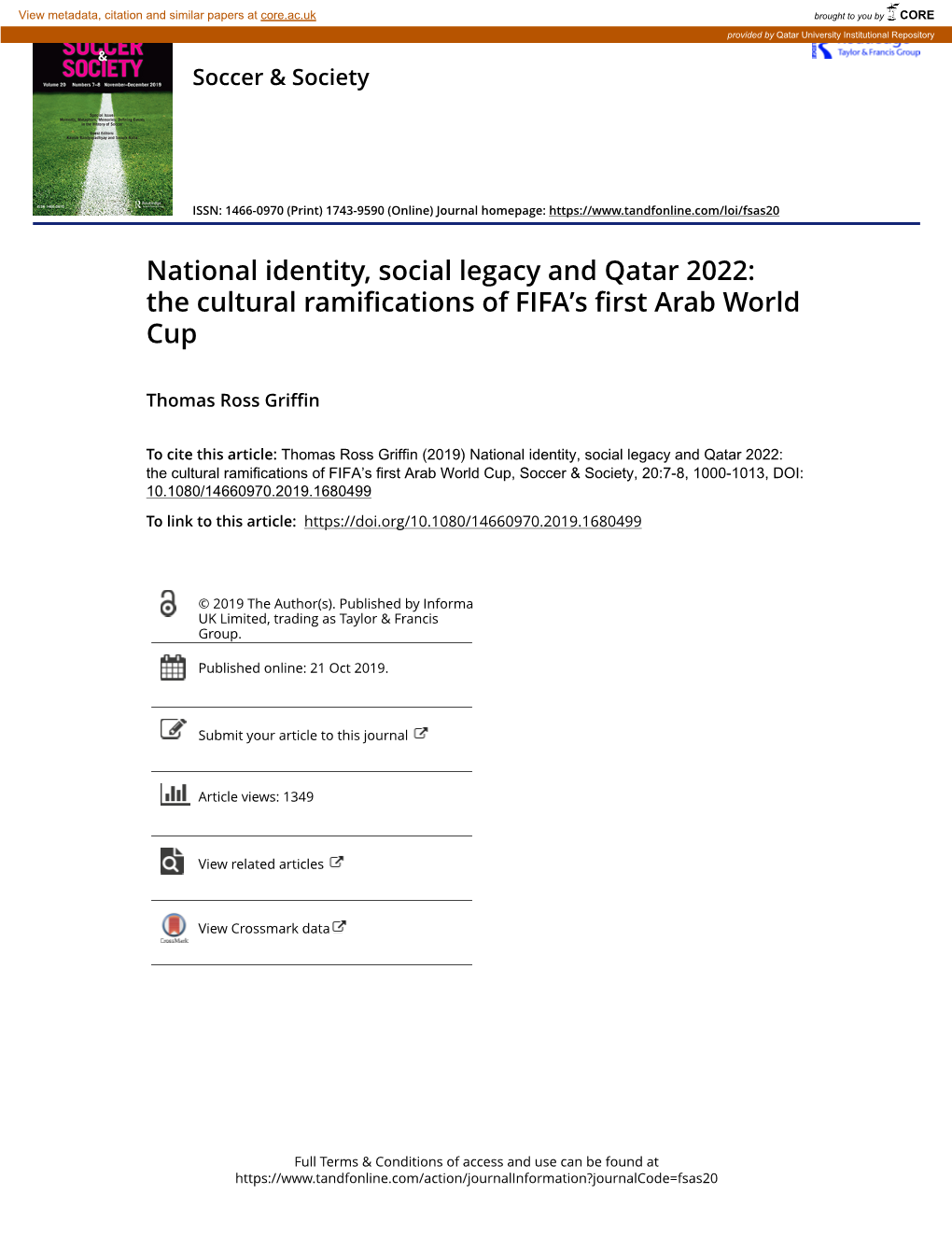 National Identity, Social Legacy and Qatar 2022: the Cultural Ramifications of FIFA’S First Arab World Cup