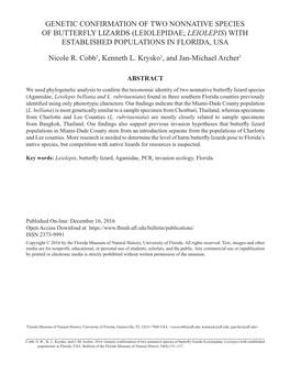 Genetic Confirmation of Two Nonnative Species of Butterfly Lizards (Leiolepidae; Leiolepis) with Established Populations in Florida, Usa