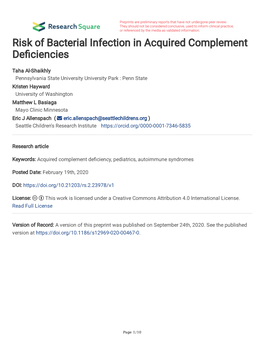 Risk of Bacterial Infection in Acquired Complement Deficiencies