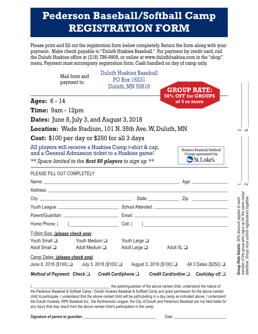Pederson Baseball/Softball Camp Registration Form