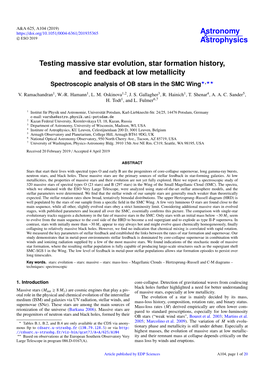 Testing Massive Star Evolution, Star Formation History, and Feedback at Low Metallicity Spectroscopic Analysis of OB Stars in the SMC Wing?,??