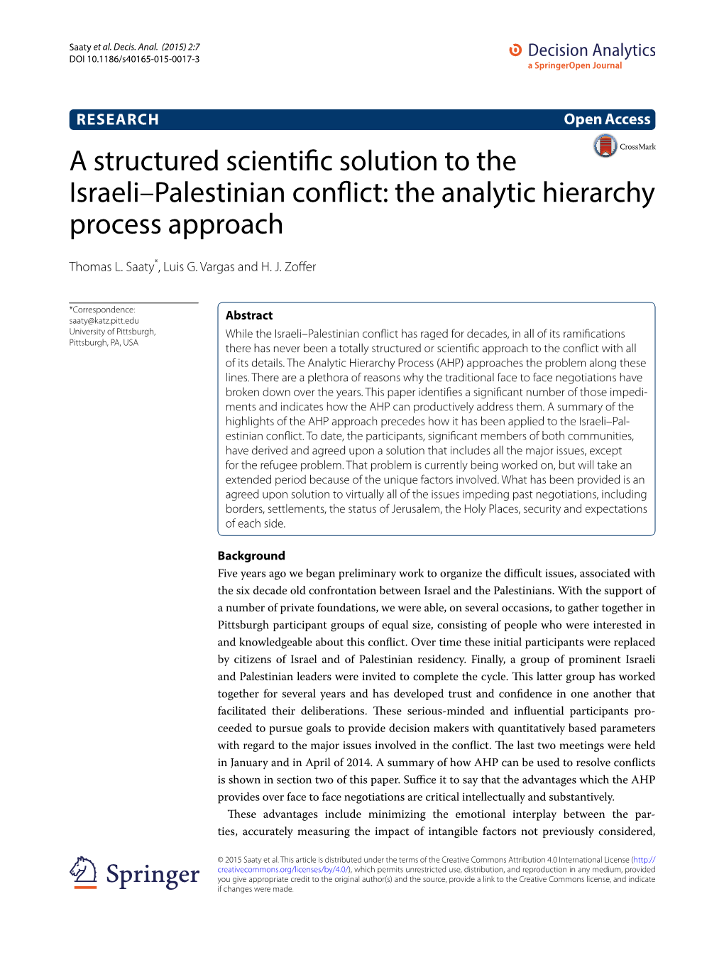 A Structured Scientific Solution to the Israeli–Palestinian Conflict: the Analytic Hierarchy Process Approach