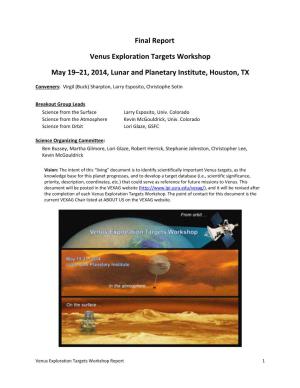 Final Report Venus Exploration Targets Workshop May 19–21